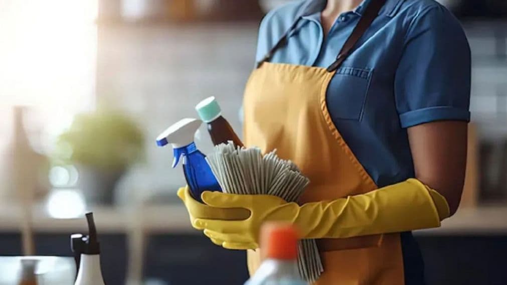 Trabajadora doméstica con sus elementos de trabajo